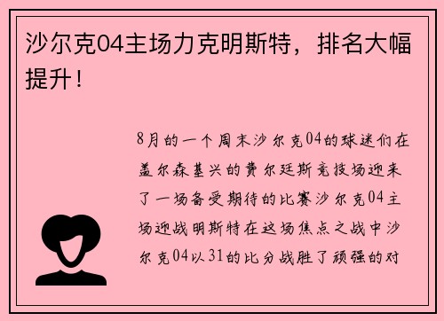 沙尔克04主场力克明斯特，排名大幅提升！