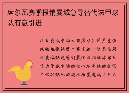 席尔瓦赛季报销曼城急寻替代法甲球队有意引进